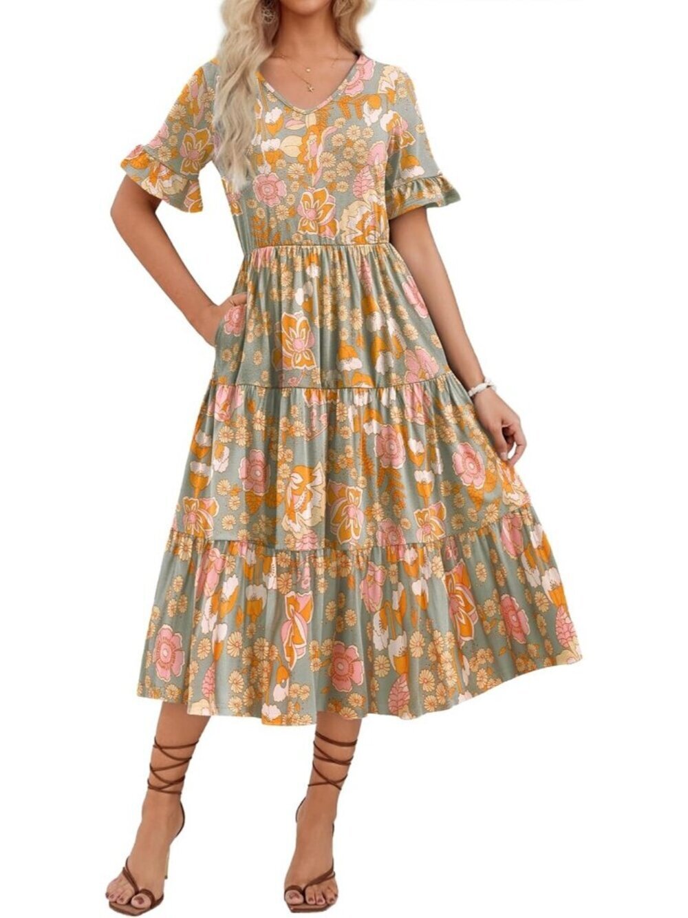 Zeagoo Women's Orange  Floral Tiered Casual Neck Ruffle Short Midi Maxi Dress